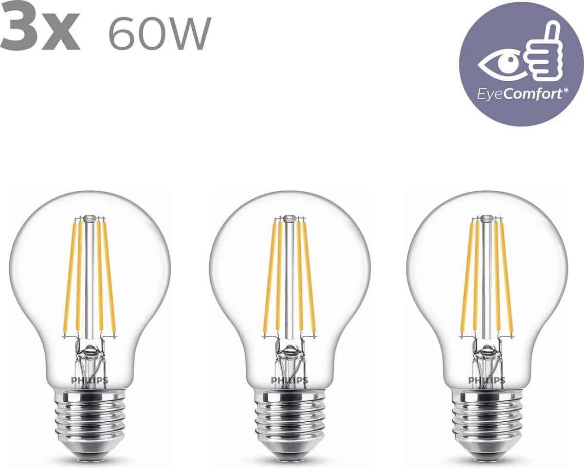 Philips LED Standaardlamp E27 7W Warmwit 3-pack