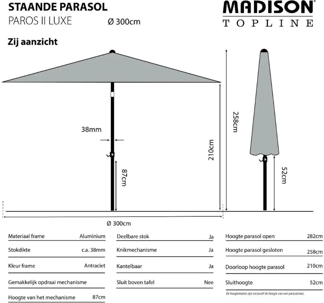 Madison Paros II Round Parasol 300cm - Blauw - afbeelding 5 van 6