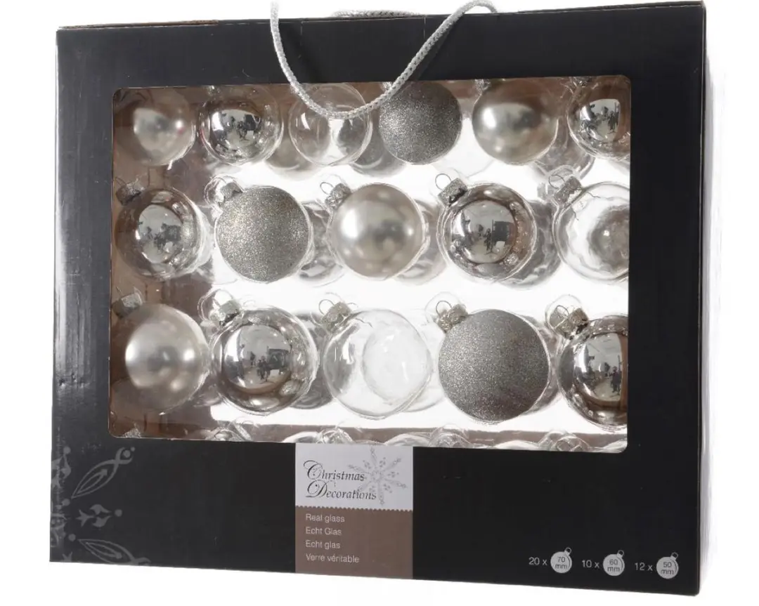Decoris Kerstballen Mix - 42 Stuks - Glas Ø6cm - Zilver - afbeelding 2 van 2