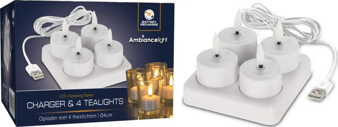 Koopman Oplaadbare LED Theelichtset 4-delig - Wit
