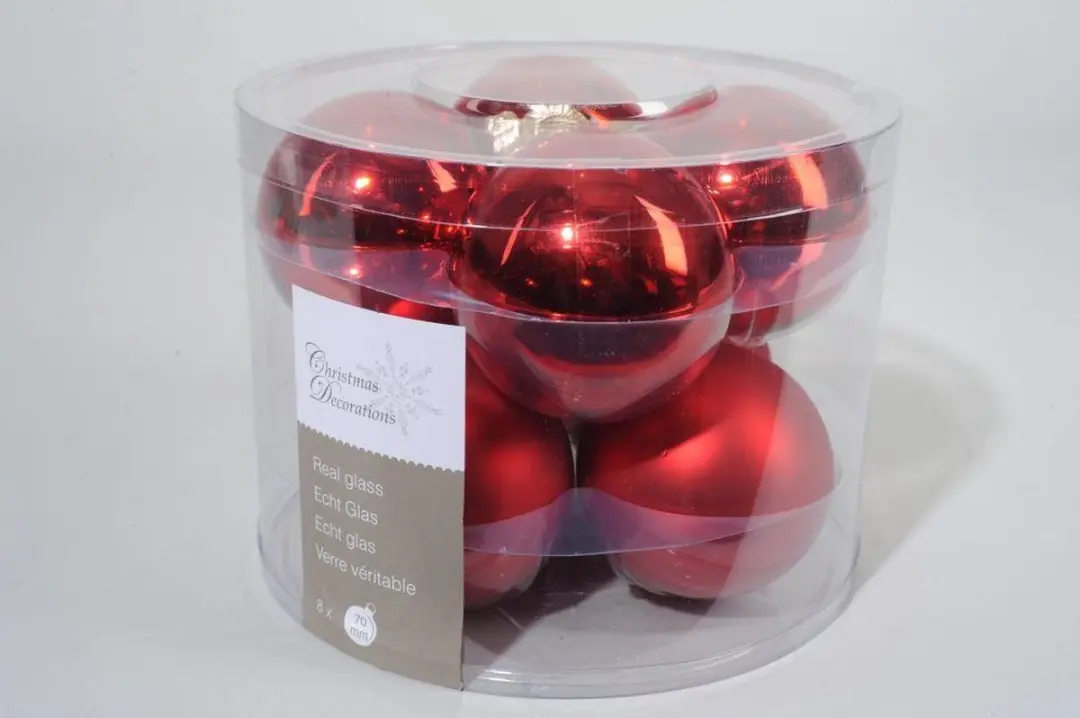 Decoris Kerstbal Glas Rood Ø7cm - 8 Stuks