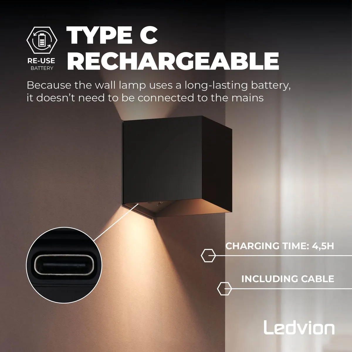 LEDVION Oplaadbare Wandlamp met Sensor 150 Lumen - Zwart