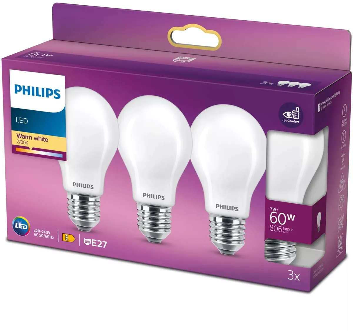 Philips LED E27 Warmwit 7W Mat Glas - 3 Stuks