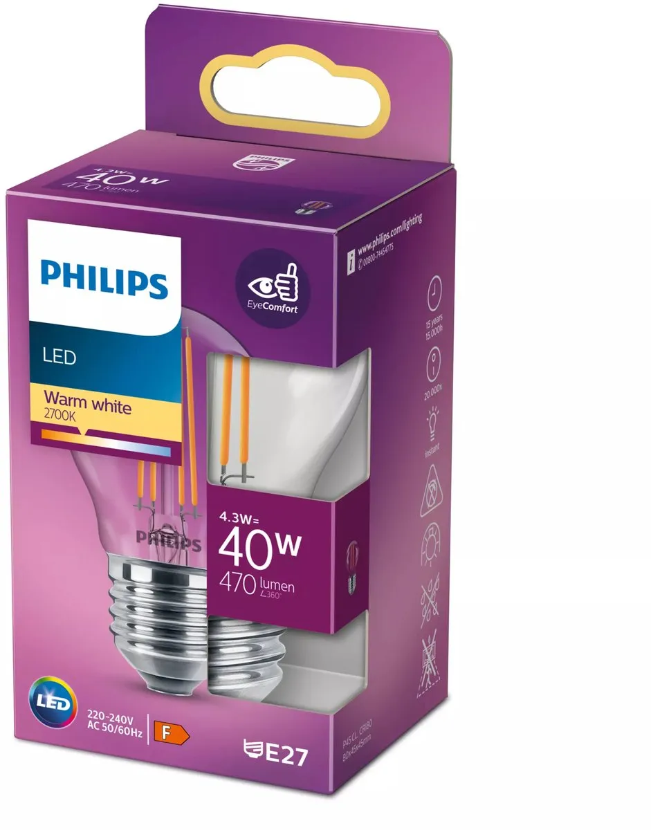 Philips LED Kogellamp E27 4.3W Warmwit 2700K - Helder glas