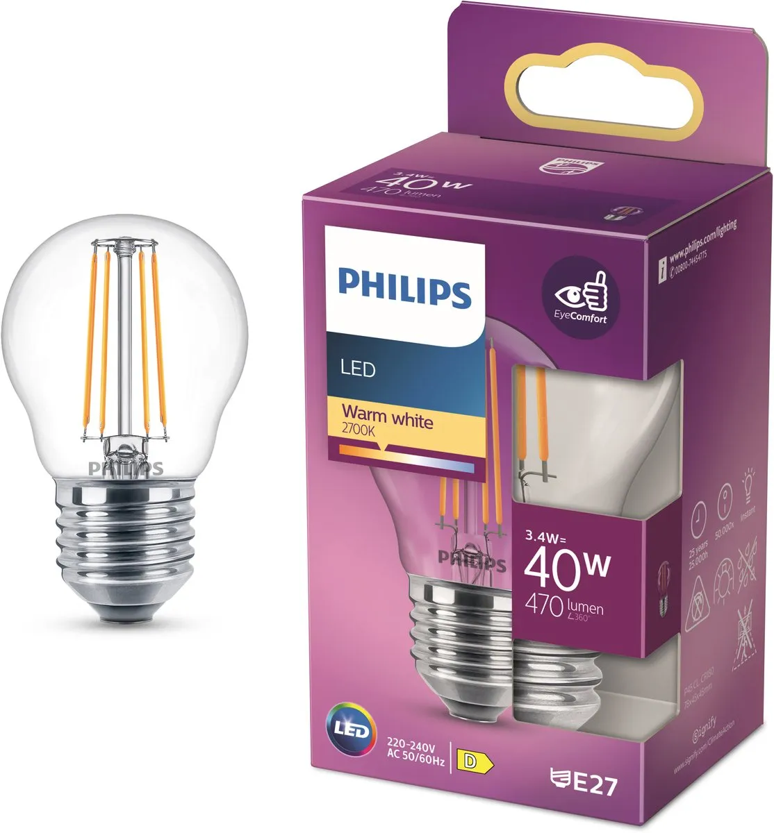 Philips LED Kogellamp E27 4.3W Warmwit 2700K