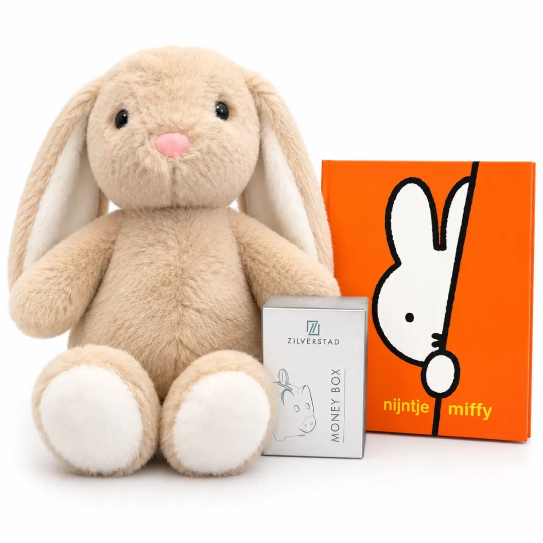 Eddy Toys Knuffelkonijn 25 cm met Nijntje Bestekset en Zilverstad Spaarpot