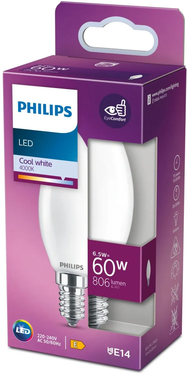 Philips LED Kaarslamp E14 6.5W Koelwit Mat