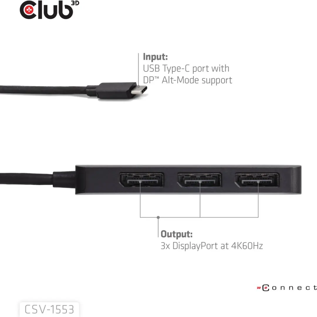 CLUB3D CSV-1553 USB Type-C Interface Hub - 3x DisplayPort - Zwart - afbeelding 2 van 6
