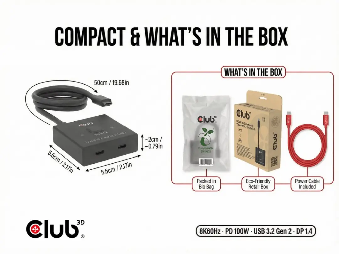Club 3D CSV-2511 USB-C Bidirectionele Schakelaar - Zwart - afbeelding 4 van 6
