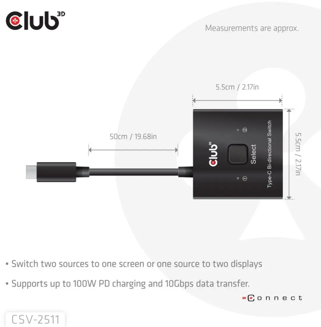 Club 3D CSV-2511 USB-C Bidirectionele Schakelaar - Zwart - afbeelding 6 van 6