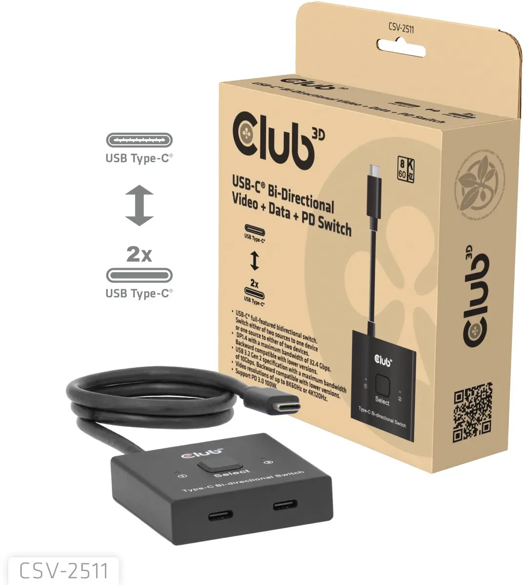Club 3D CSV-2511 USB-C Bidirectionele Schakelaar - Zwart - afbeelding 5 van 6