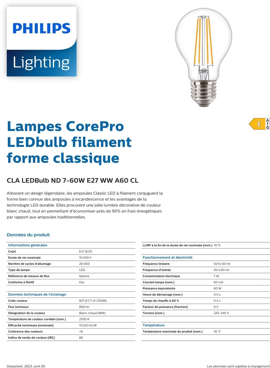 Philips LED Filament E27 7W Warm Wit - 4 Stuks