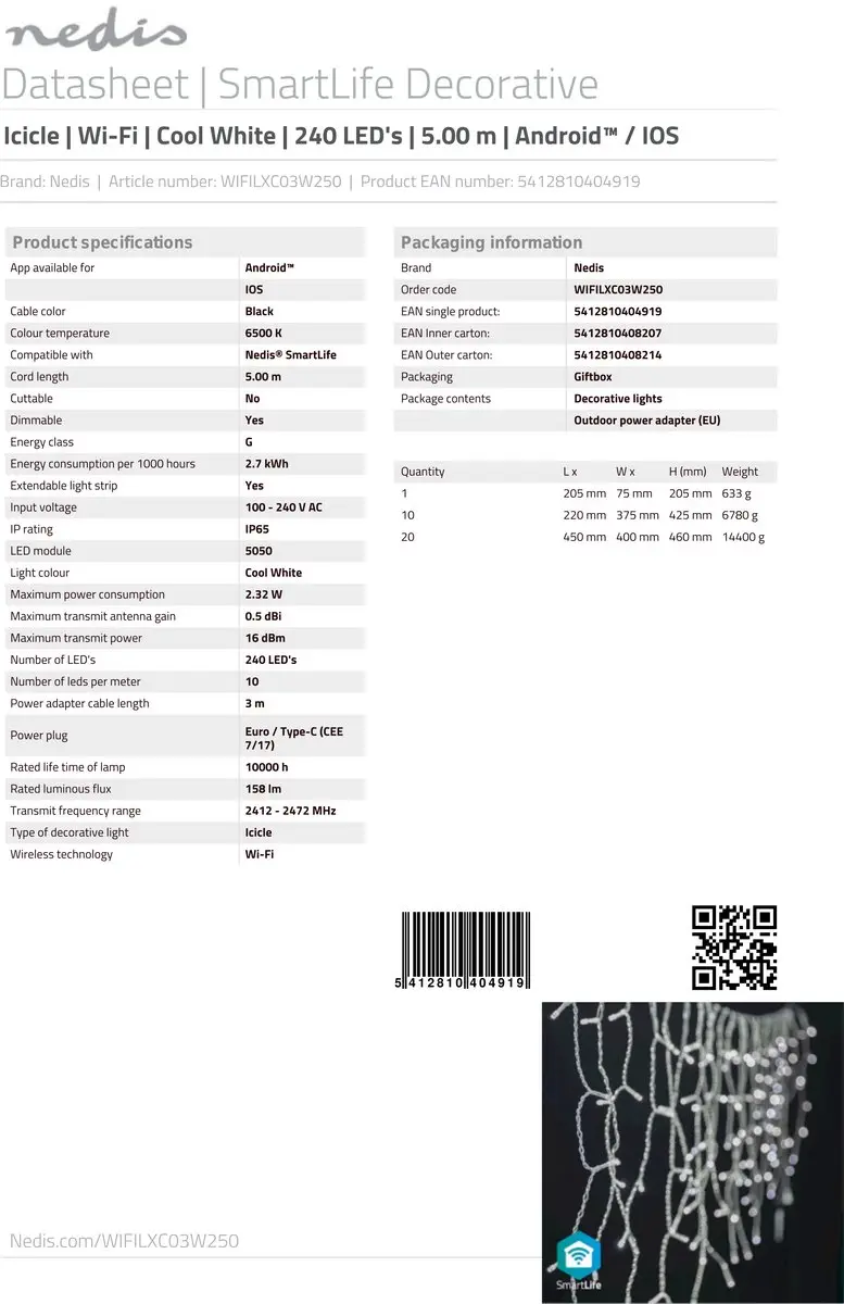 Nedis SmartLife Kerstverlichting Ijskegel 240 LED - 5m - Koel Wit - afbeelding 2 van 6