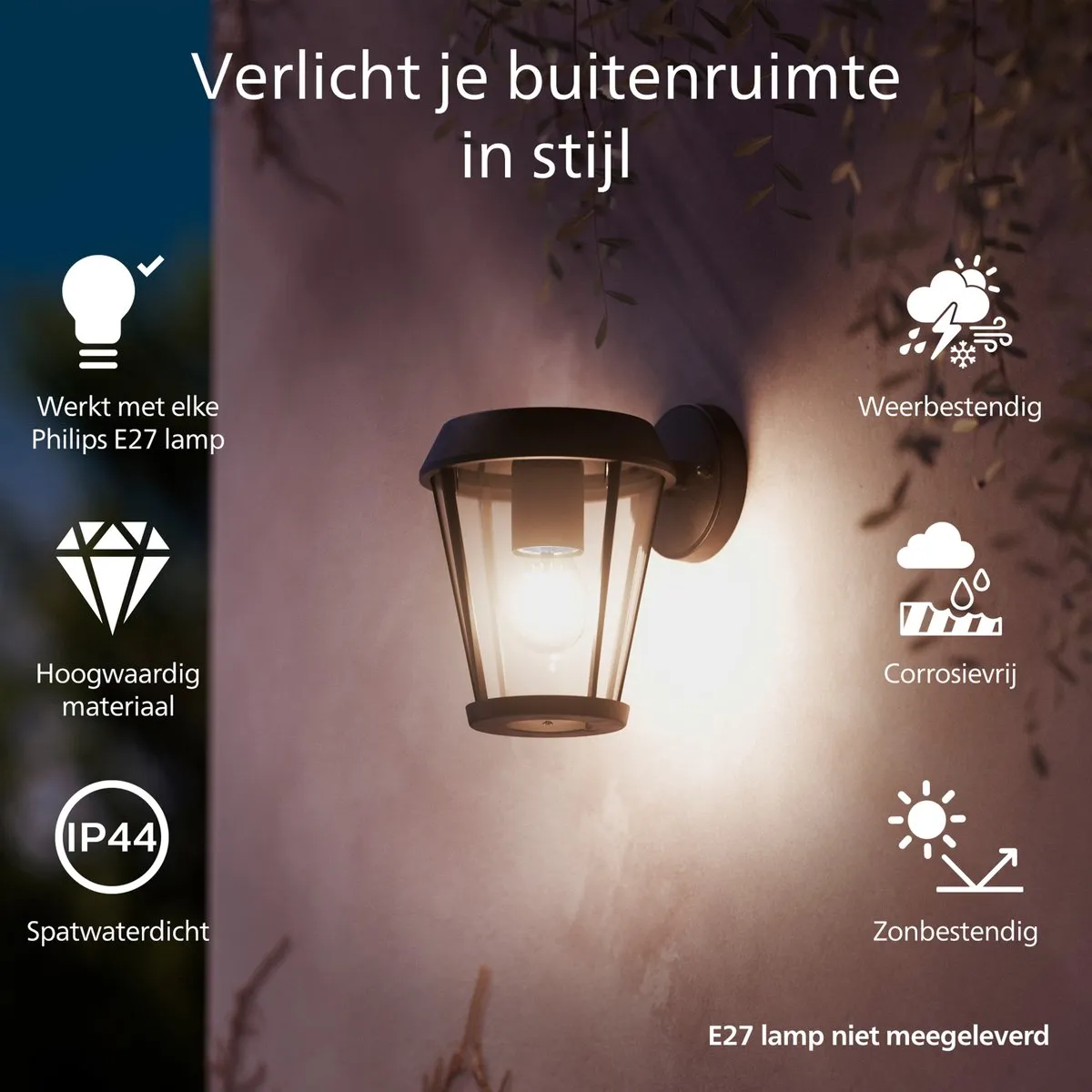 Philips Sunera Wandlamp E27 - Zwart - IP44