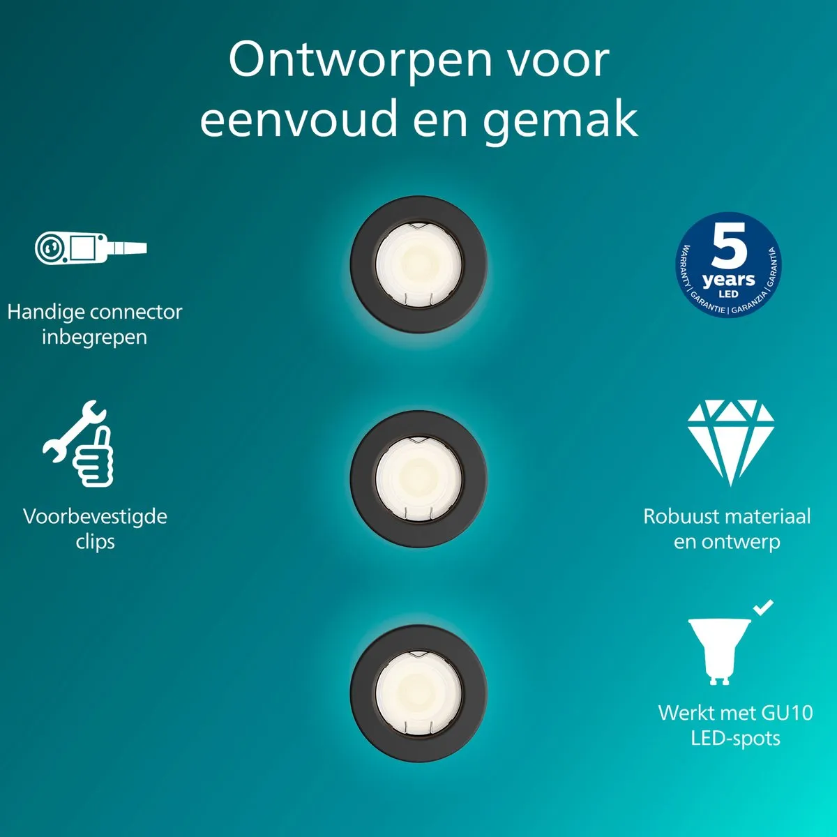 Philips Peridot Inbouwspot GU10 - 3 Stuks - Zwart