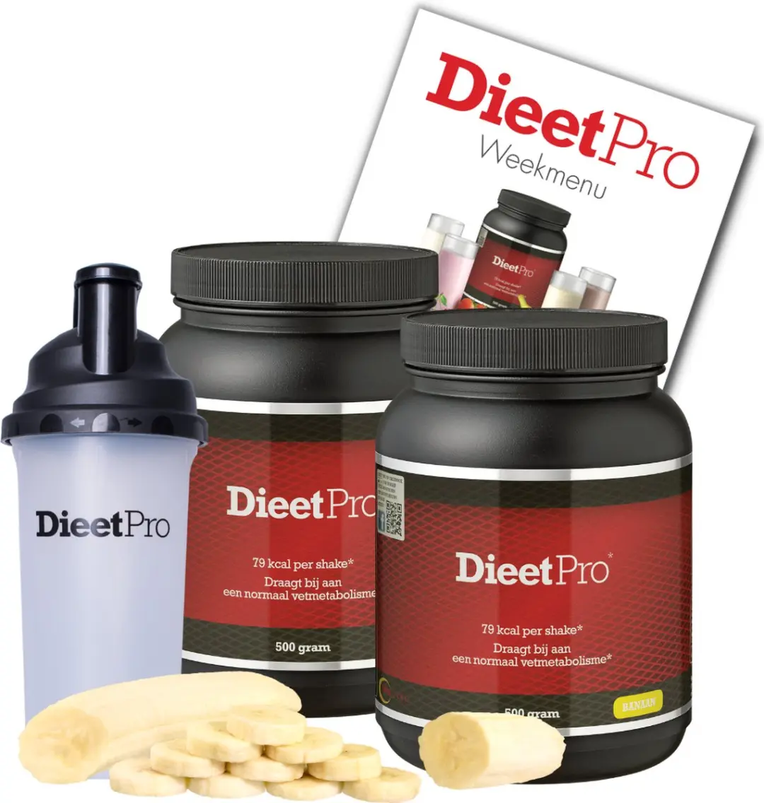 2 potten DieetPro Banaan plus Gratis Shaker