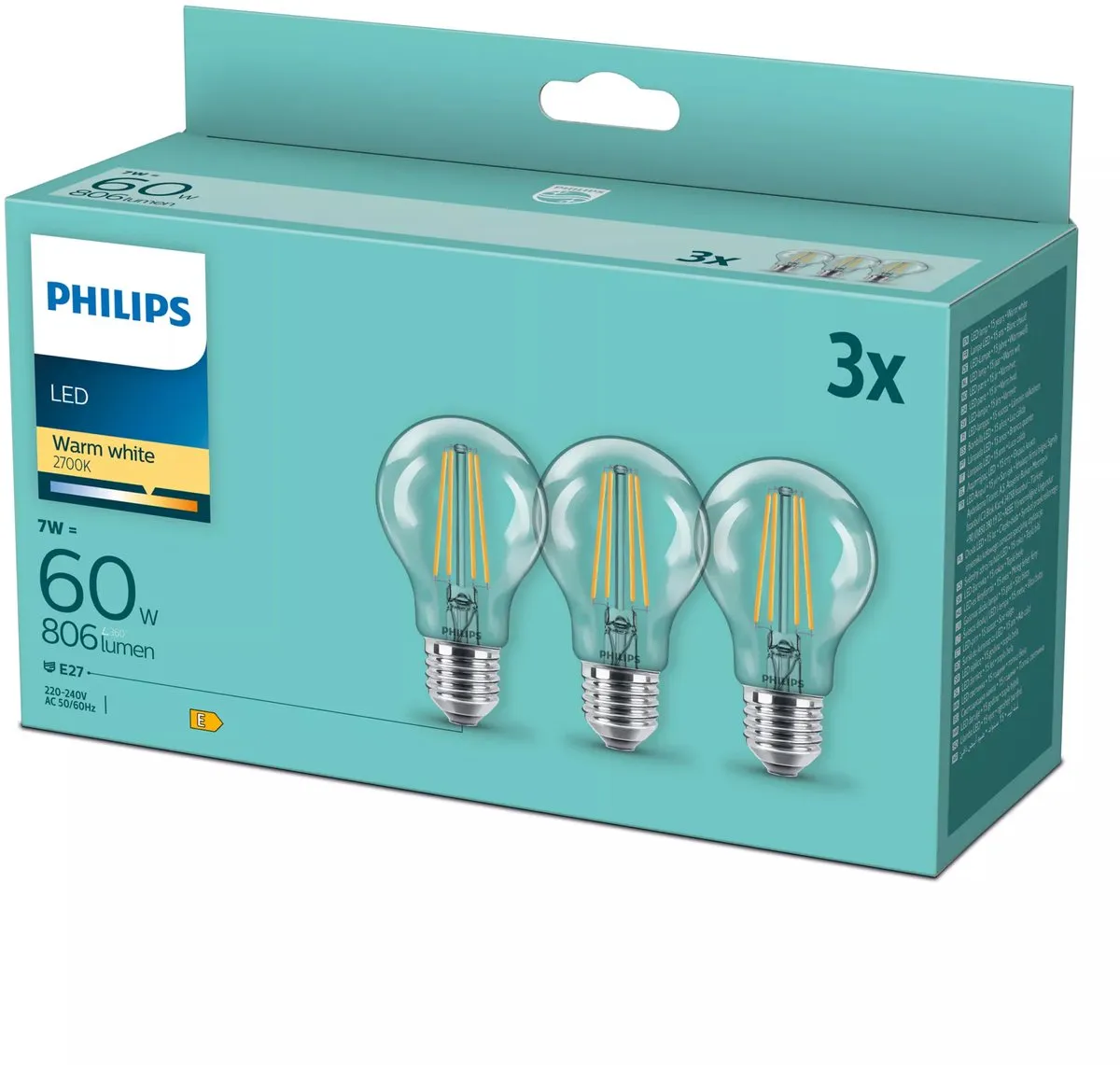 Philips LED Lamp Transparant 7W E27 Warmwit - 3 Stuks