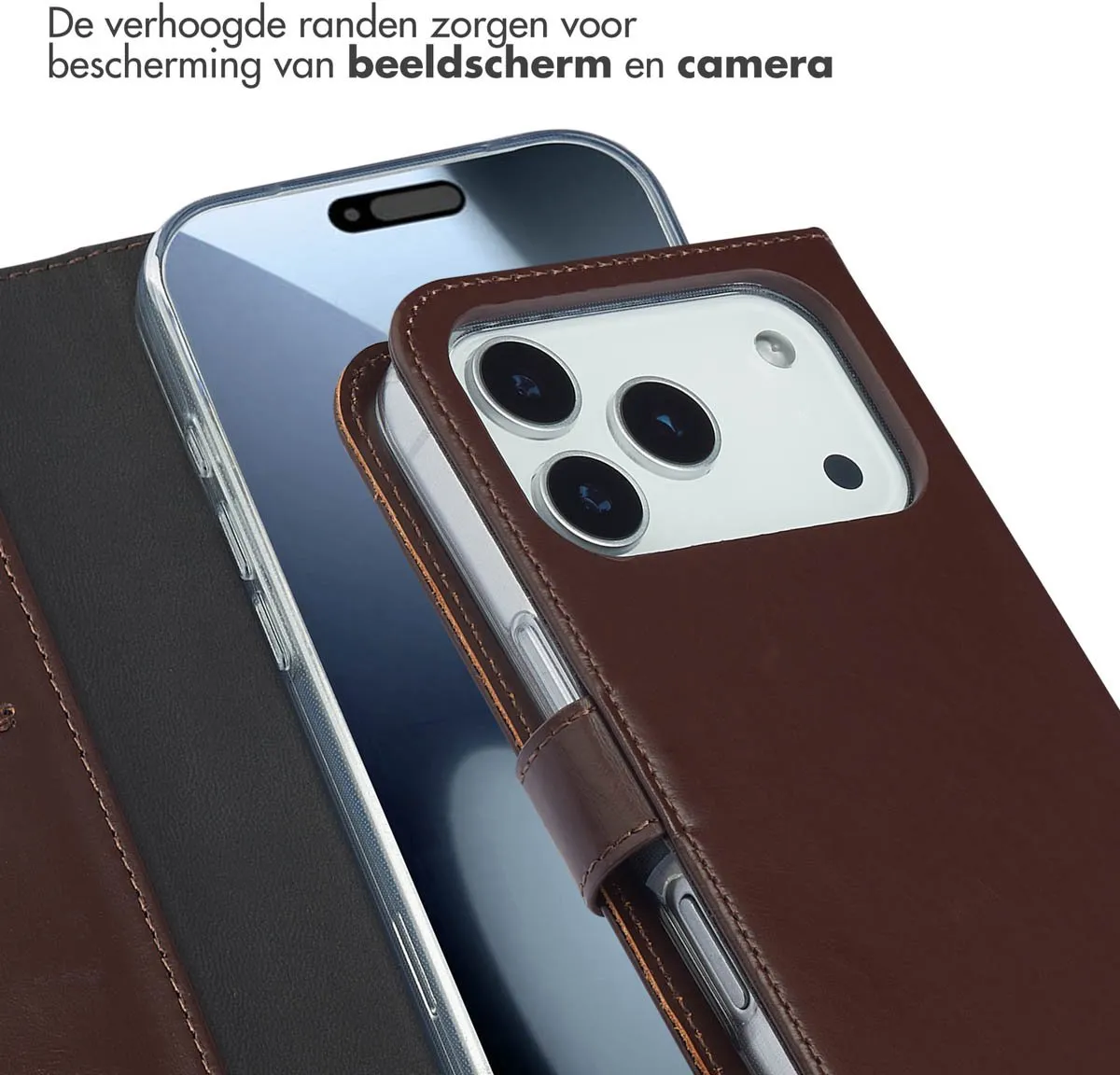 Selencia Hoesje iPhone 17 Pro - Echt Lederen Bookcase 3 Pasjes - Bruin