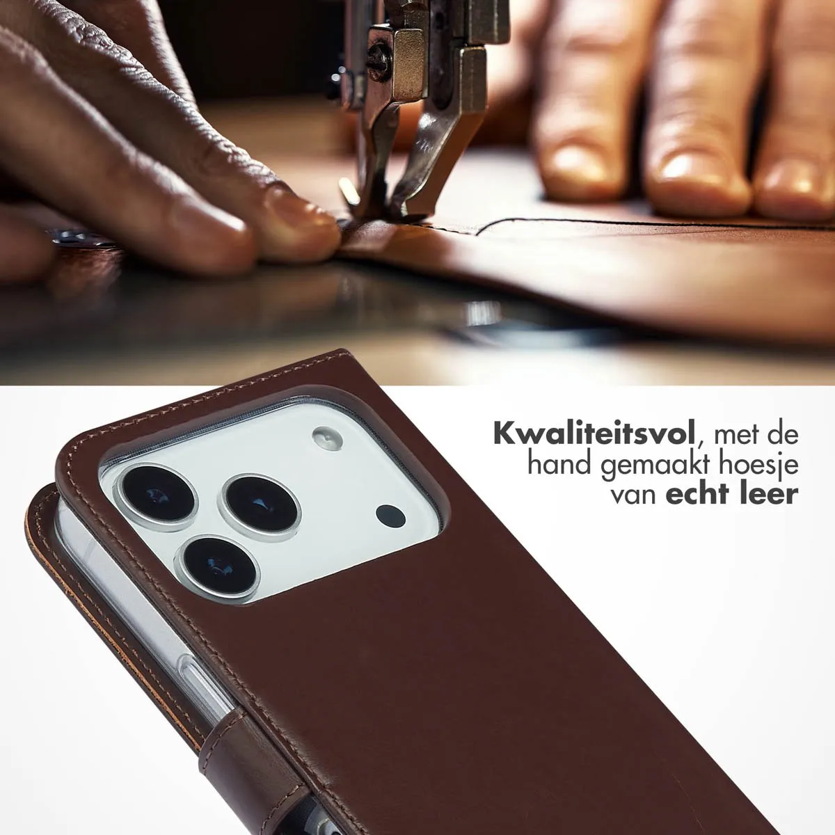 Selencia Hoesje iPhone 17 Pro - Echt Lederen Bookcase 3 Pasjes - Bruin