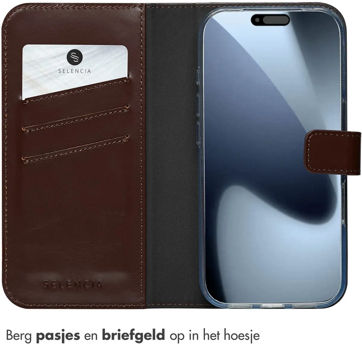 Selencia Hoesje iPhone 17 Pro - Echt Lederen Bookcase 3 Pasjes - Bruin