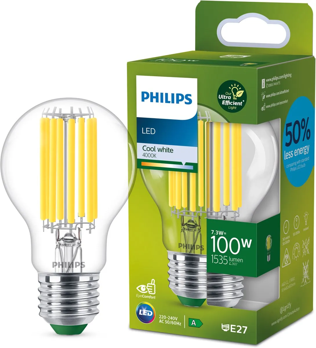 Philips Ultra Efficient LED Transparant 7.3W E27