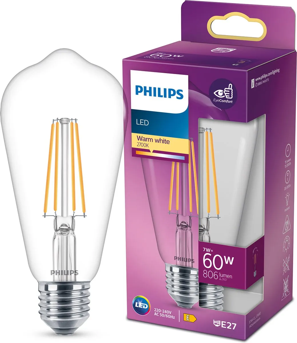 Philips LED Edison Transparant 7W E27
