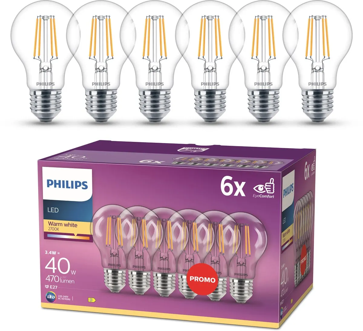 Philips LED E27 Warmwit 3.4W
