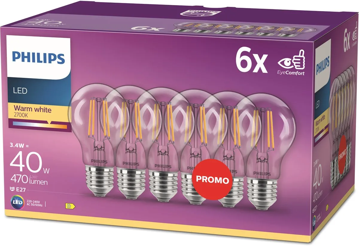 Philips LED E27 Warmwit 3.4W - 6 Stuks
