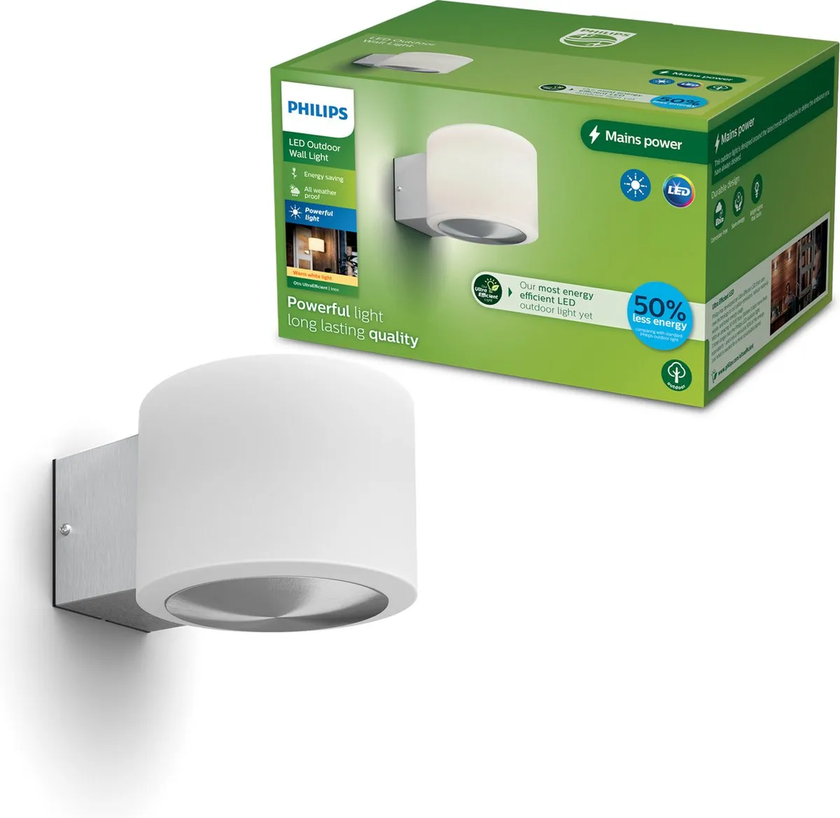 Philips Otis Wandlamp - UltraEfficient LED - Buitenlamp - 4.3W - Warmwit licht; 2700K - Roestvast staal - Opaal lichtelement