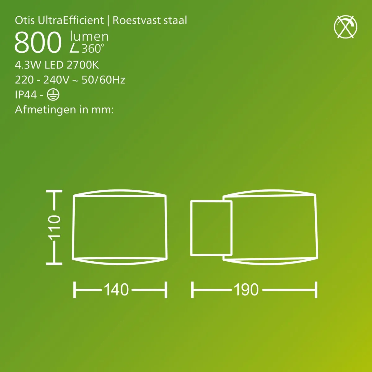 Philips Otis Wandlamp - UltraEfficient LED - Buitenlamp - 4.3W - Warmwit licht; 2700K - Roestvast staal - Opaal lichtelement