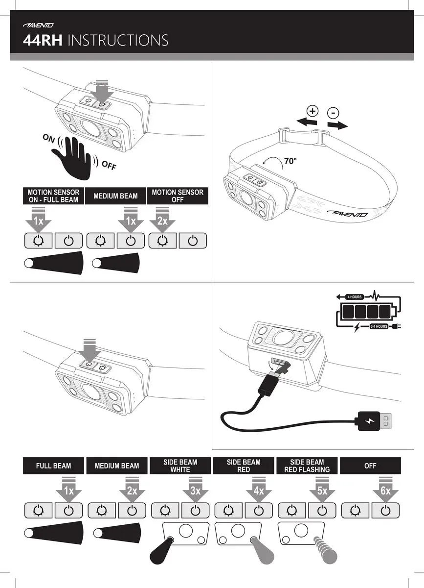 Avento Multi Mode 44RH Hoofdlamp - USB Oplaadbaar - Zwart/Zilver