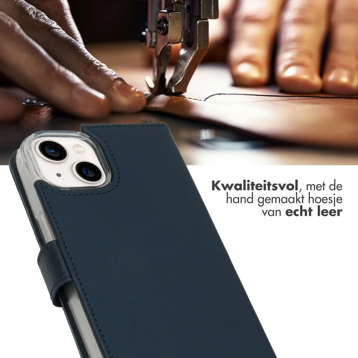 Selencia Hoesje iPhone 14 Echt Lederen Bookcase Blauw - 3 Pasjes
