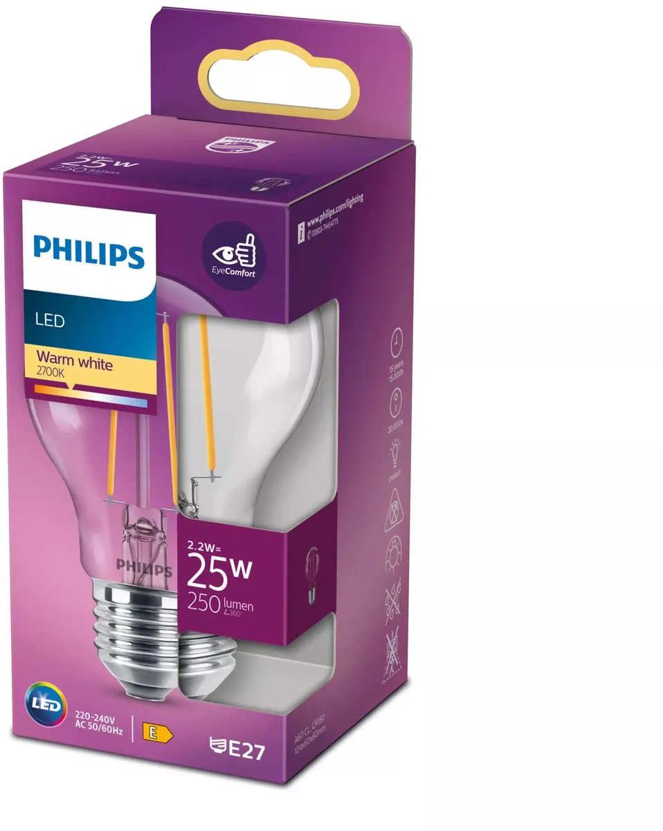 Philips LED E27 Warmwit 2700K 2.2W - Helder Glas