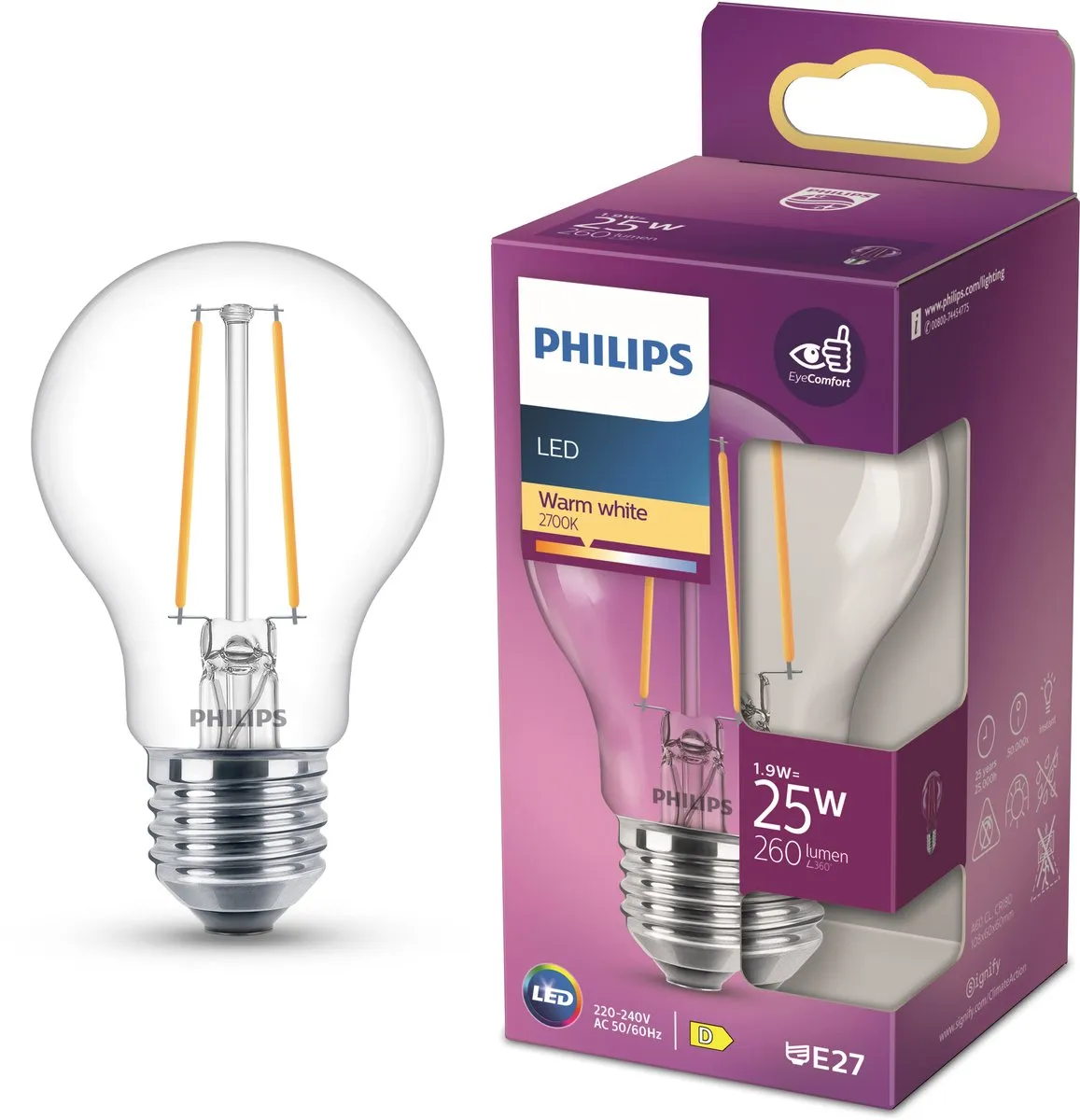 Philips LED E27 Warmwit 2700K 2.2W - Helder Glas