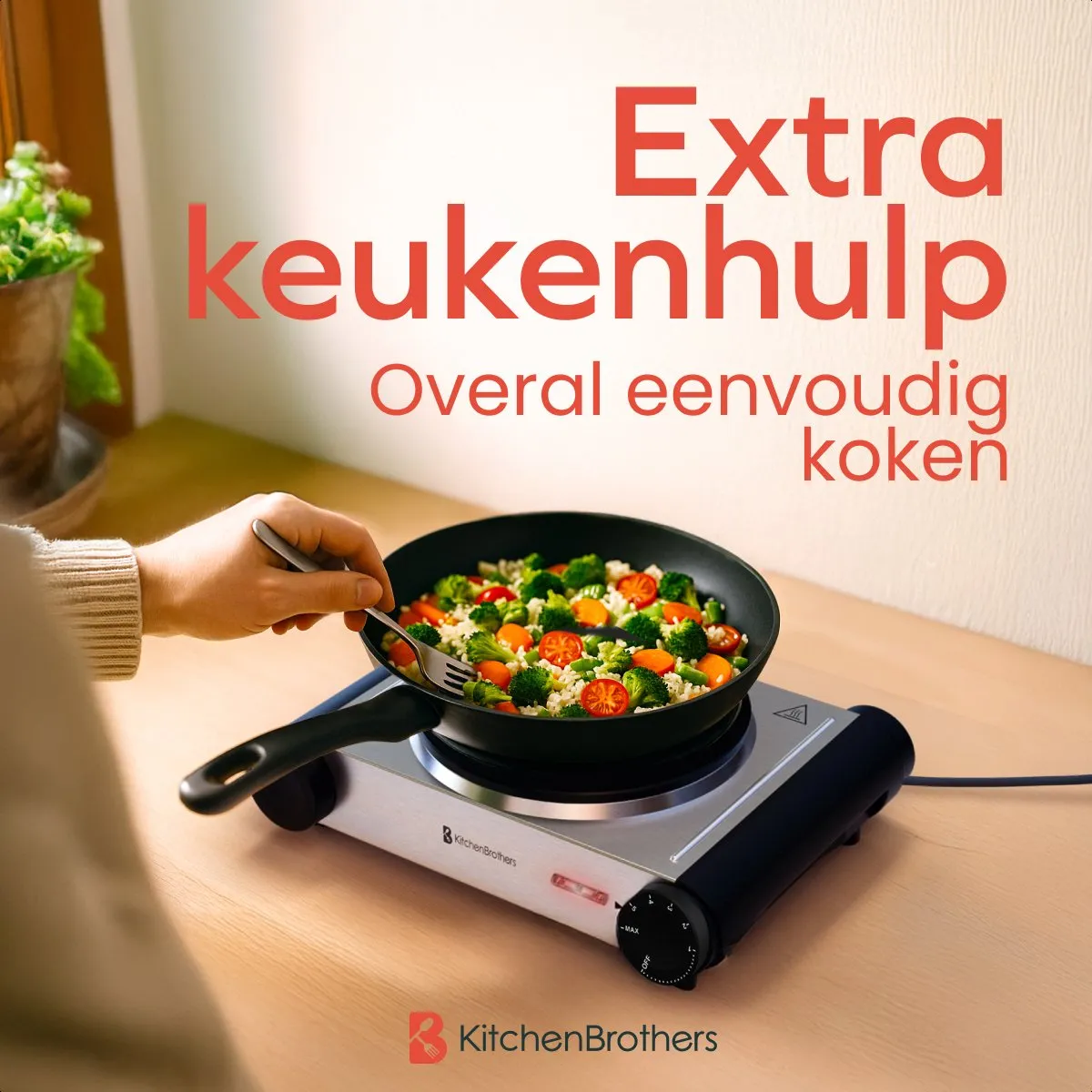 KitchenBrothers Elektrische Kookplaat - 1 Pits - Vrijstaand - 7 temperatuurstanden - 1500W - RVS/Zwart