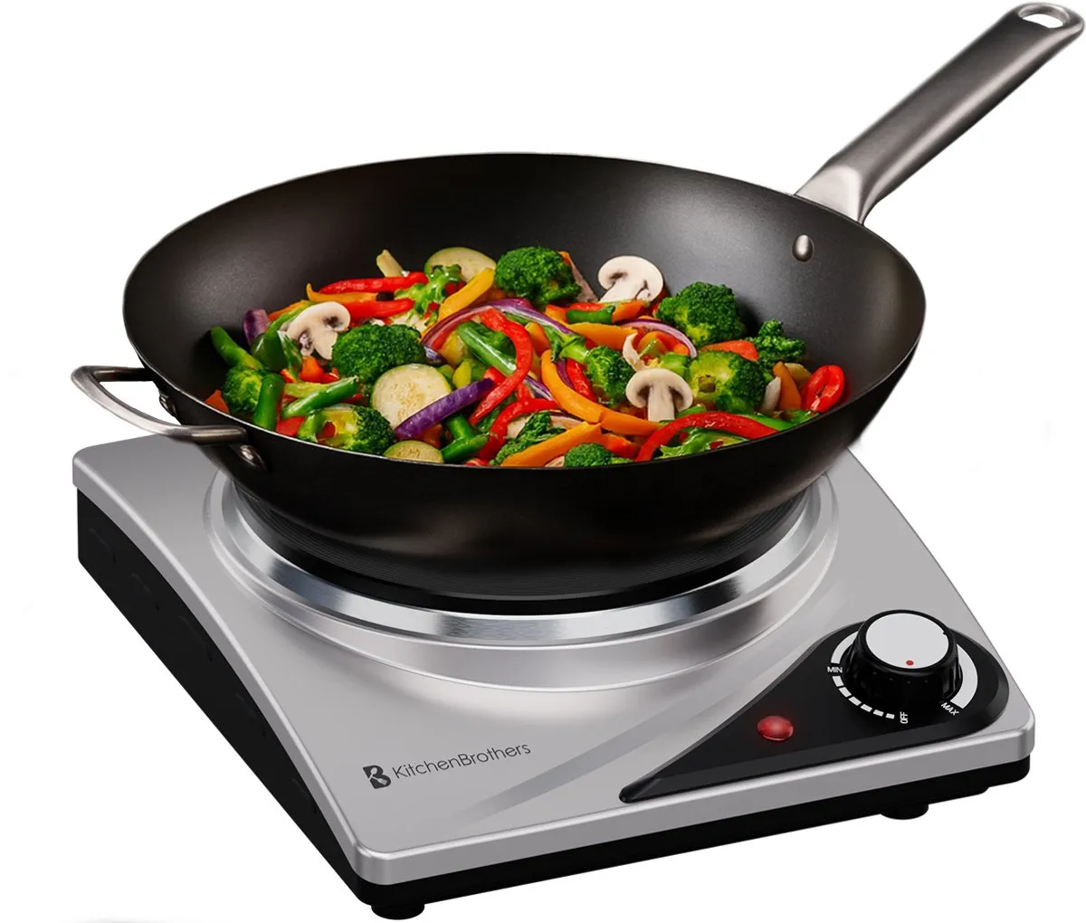 KitchenBrothers Elektrische Kookplaat - 1 Pits - Vrijstaand - 7 temperatuurstanden - 1500W - RVS/Zwart