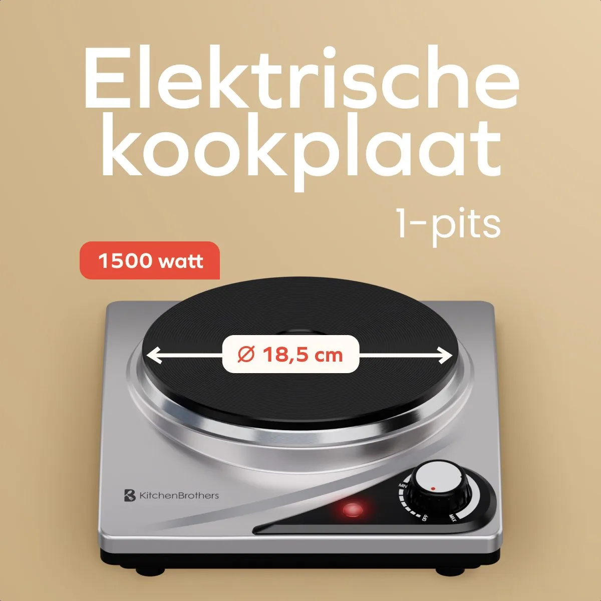 KitchenBrothers Elektrische Kookplaat - 1 Pits - Vrijstaand - 7 temperatuurstanden - 1500W - RVS/Zwart