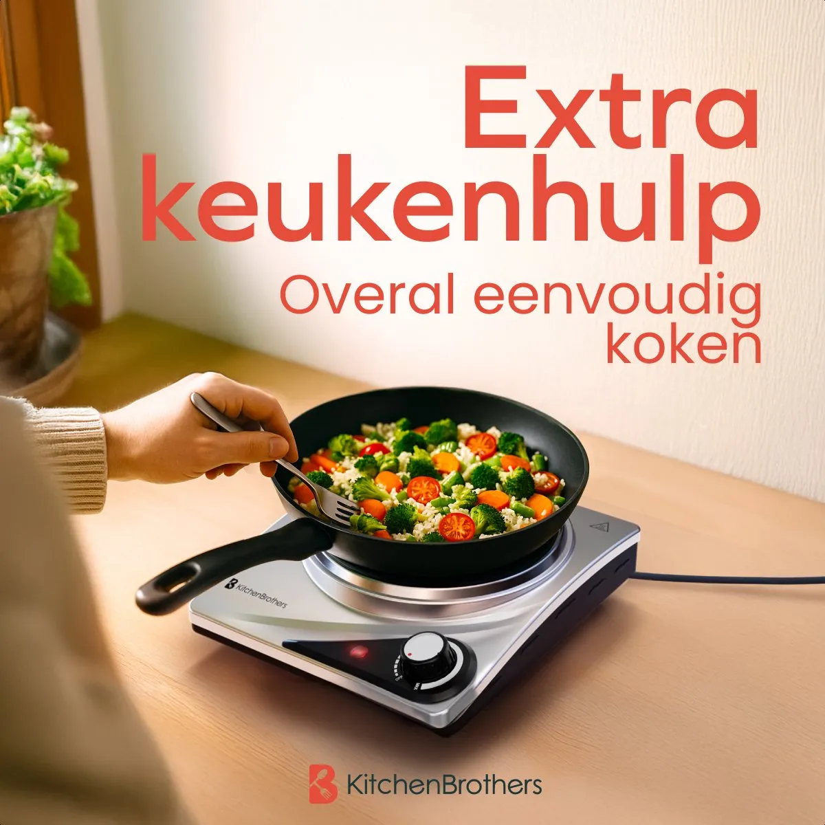 KitchenBrothers Elektrische Kookplaat - 1 Pits - Vrijstaand - 7 temperatuurstanden - 1500W - RVS/Zwart