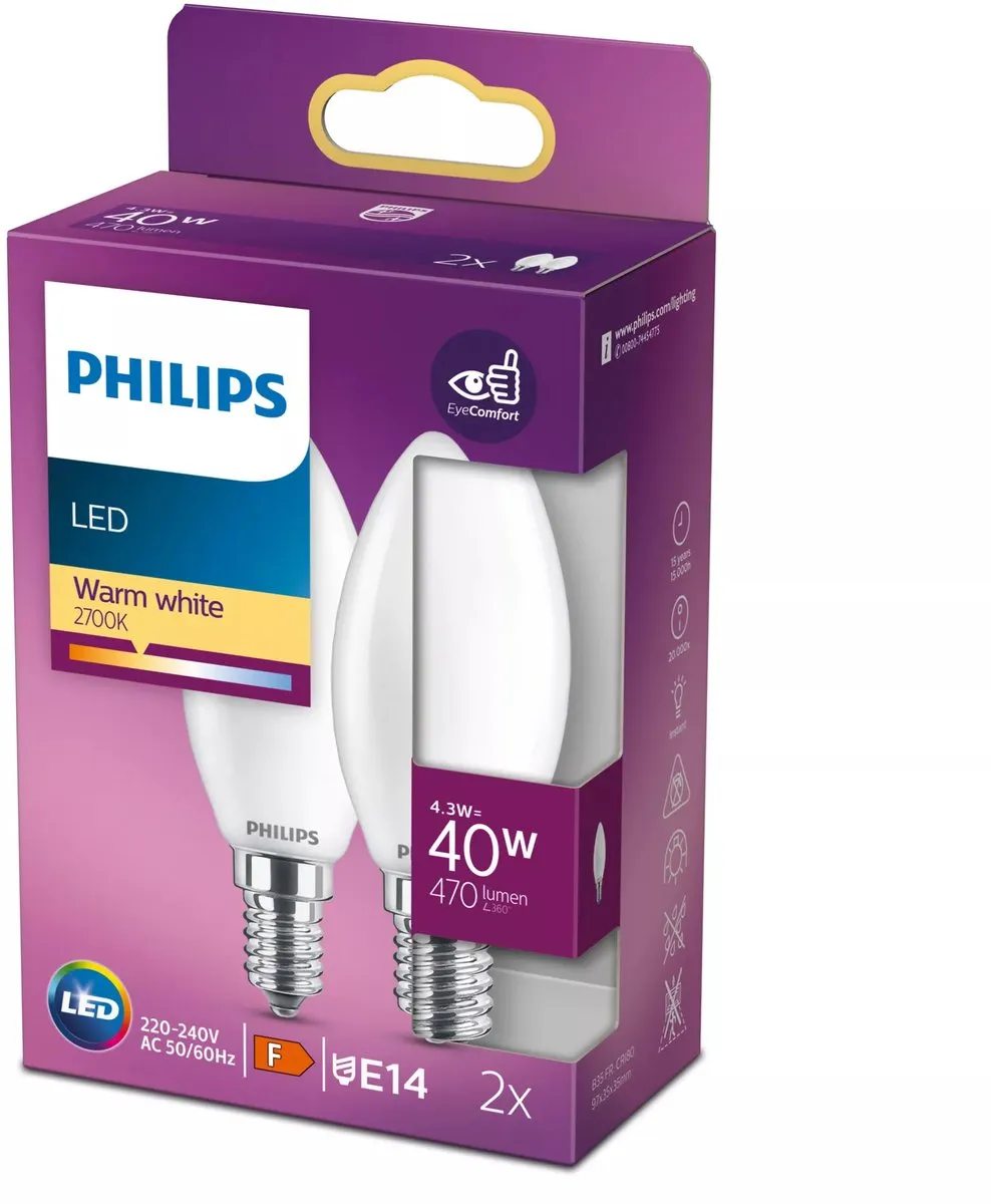 Philips LED Kaarslamp E14 Warmwit 4.3W