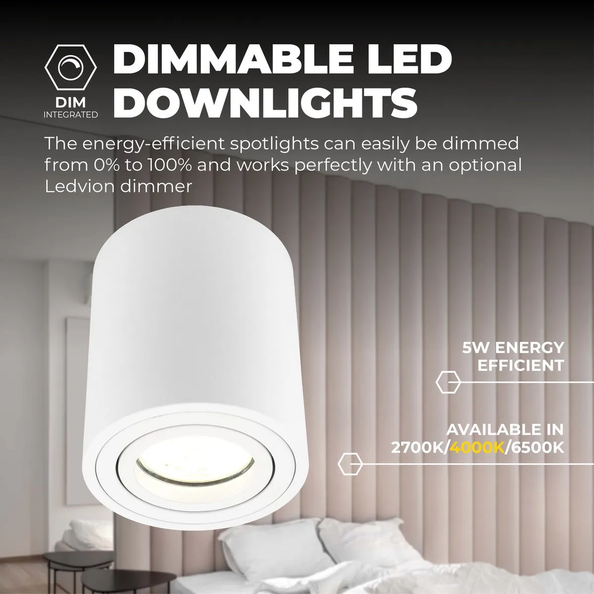 LEDVION LED Opbouwspots 5W 4000K - 4 Stuks