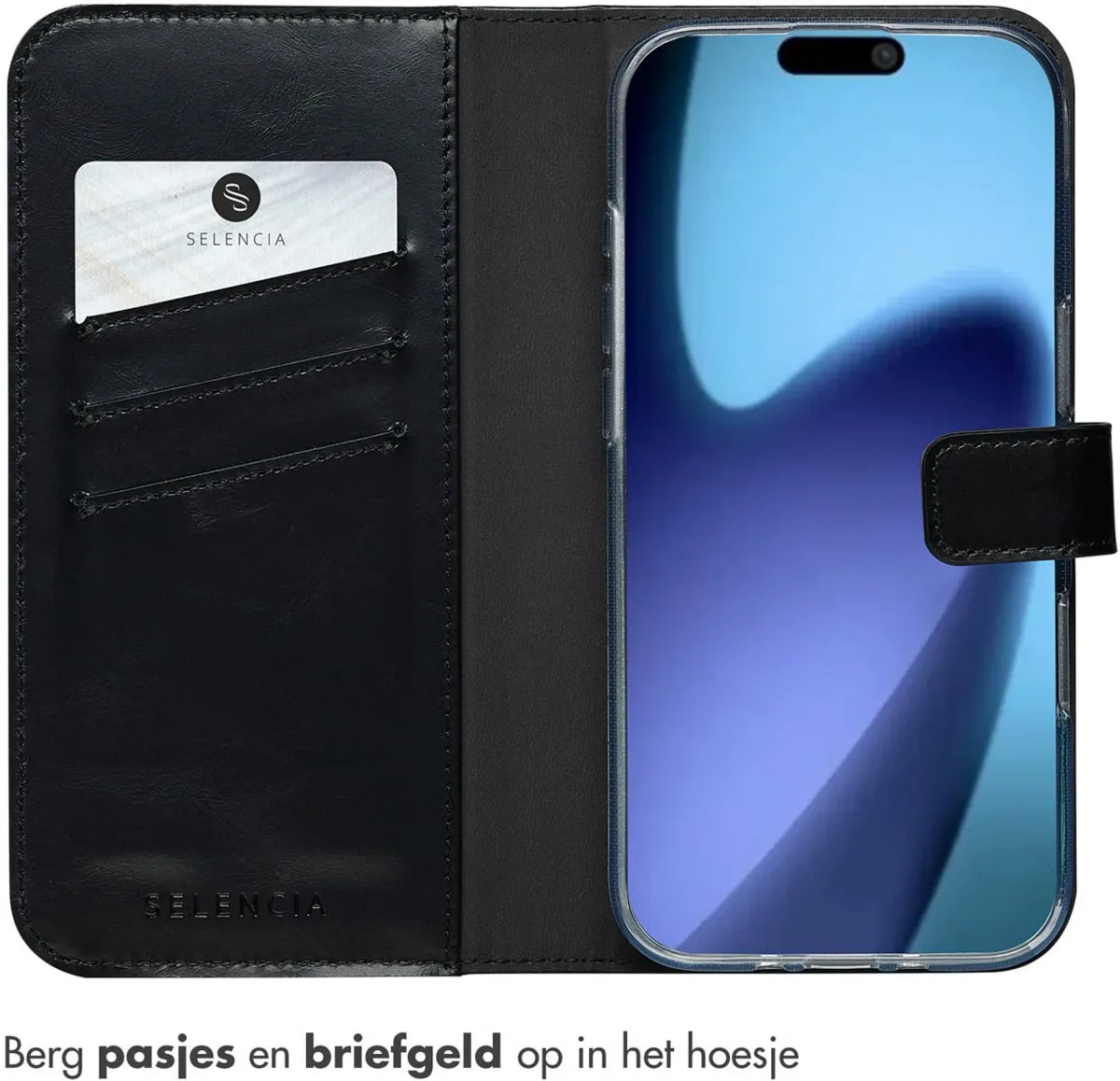 Selencia Hoesje iPhone 17 Air Bookcase - Zwart Leder - 3 Pasjes
