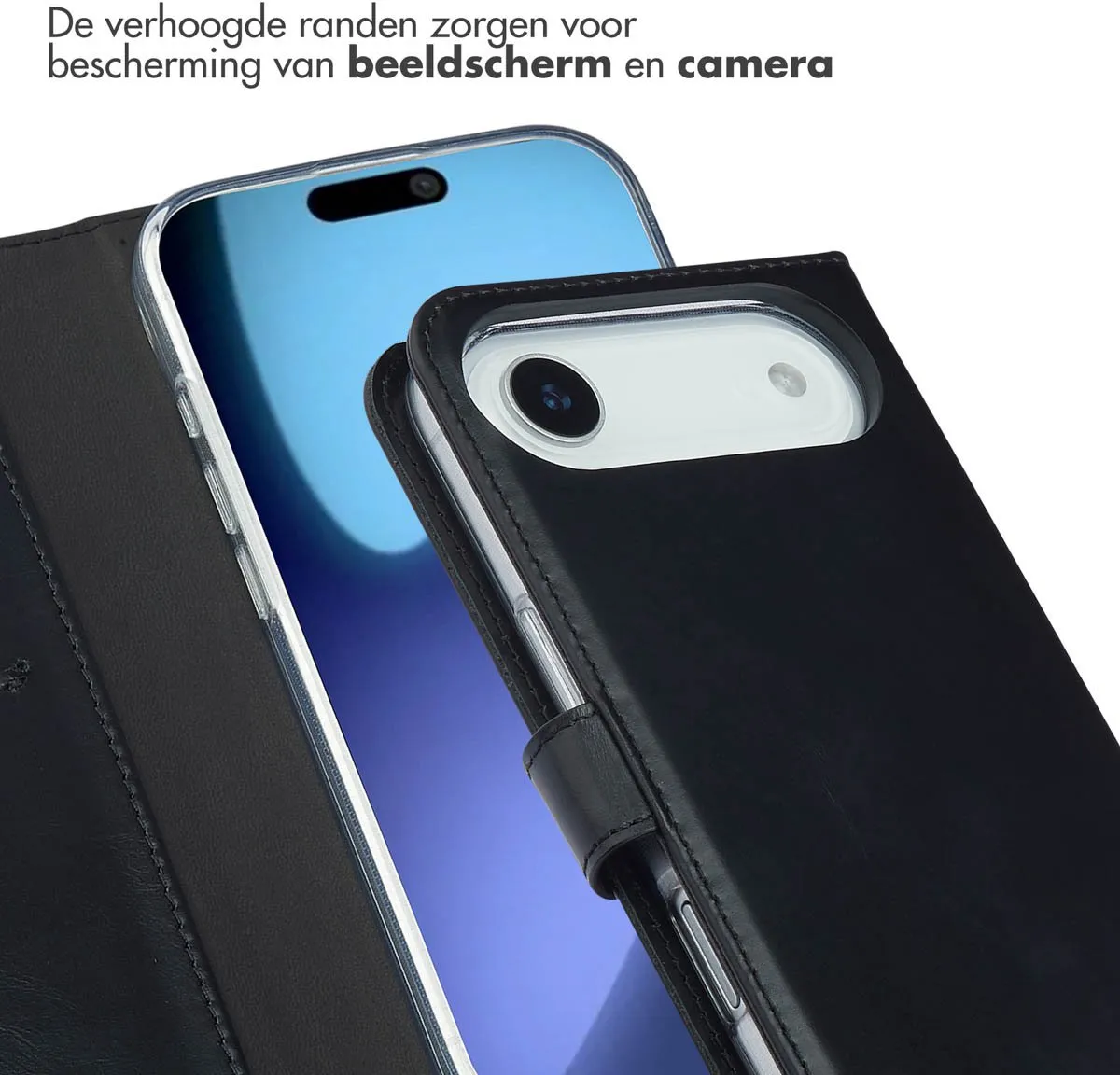 Selencia Hoesje iPhone 17 Air Bookcase - Zwart Leder - 3 Pasjes