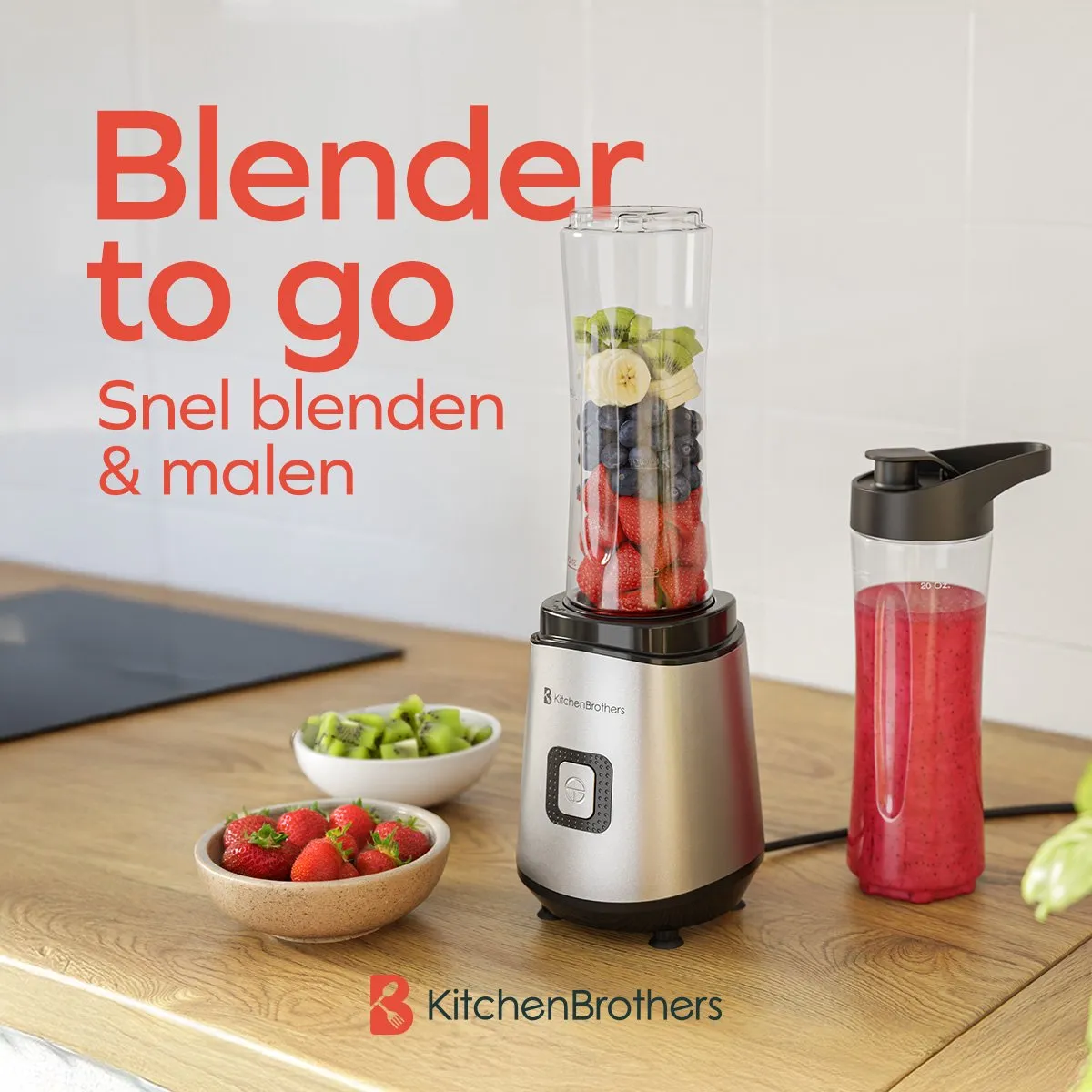 KitchenBrothers Mini Blender 400W - 2x To-Go Bekers 600ml