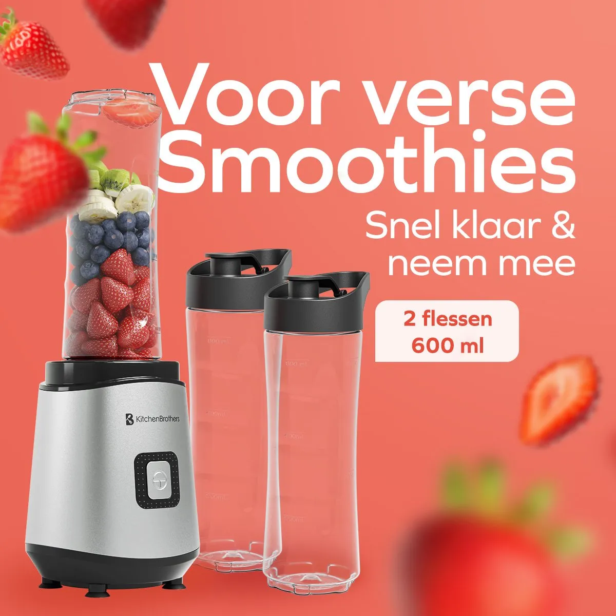 KitchenBrothers Mini Blender 400W - 2x To-Go Bekers 600ml