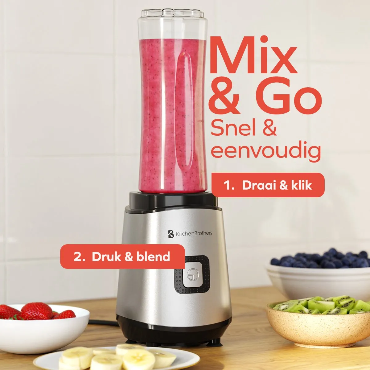 KitchenBrothers Mini Blender 400W - 2x To-Go Bekers 600ml - afbeelding 6 van 6
