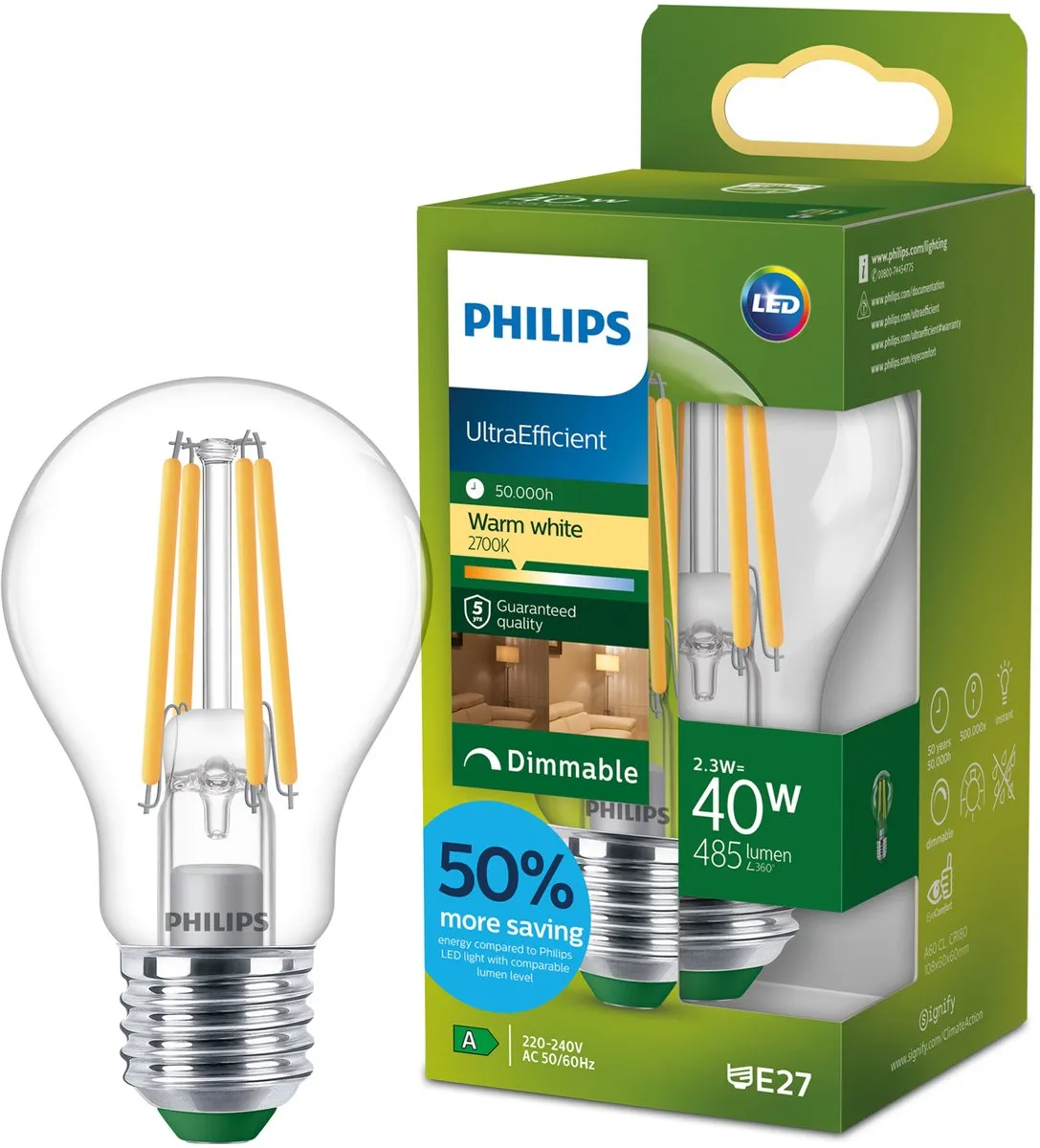Philips UltraEfficient LED A60 2.3W E27 Warmwit 2700K