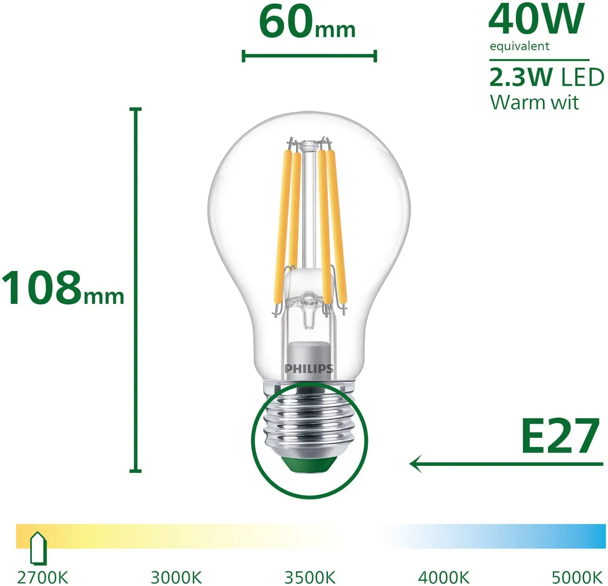 Philips UltraEfficient LED A60 2.3W E27 Warmwit 2700K