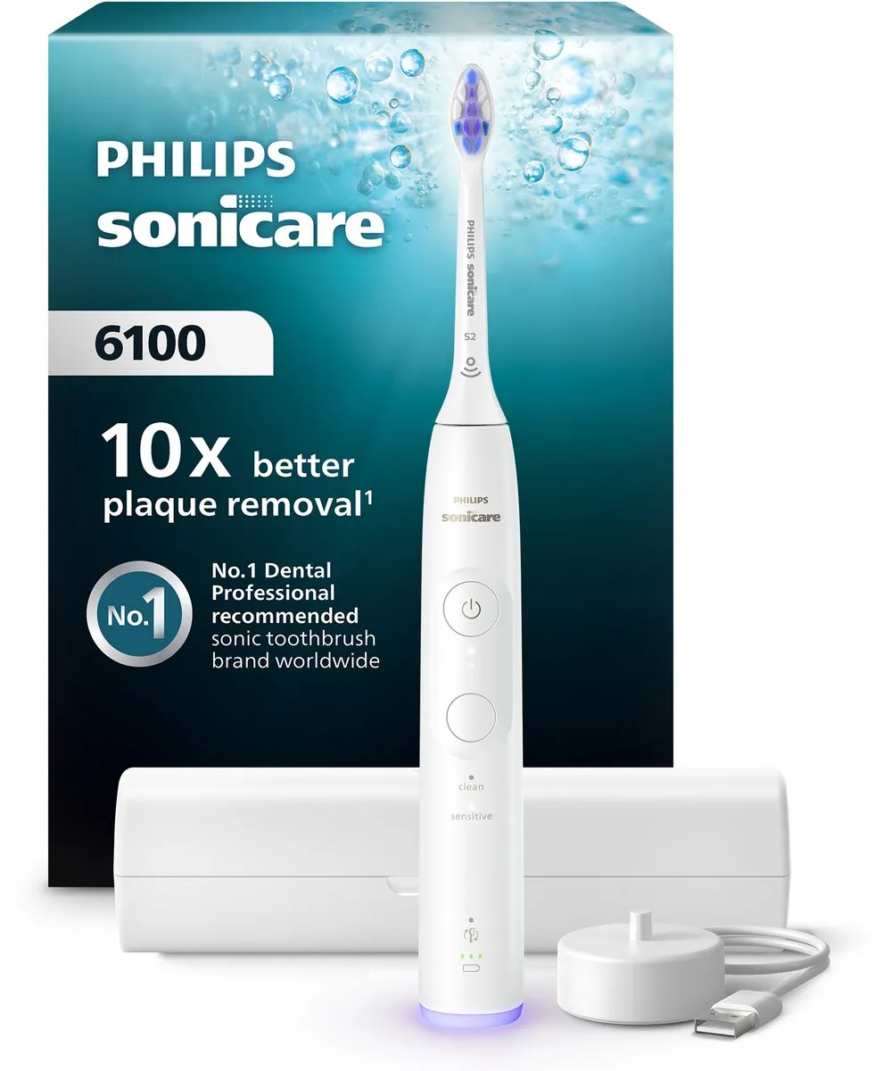Philips Sonicare 6100 Series – Elektrische Tandenborstel – Wit - Reisetui - Gevoelige tanden - HX7400/06
