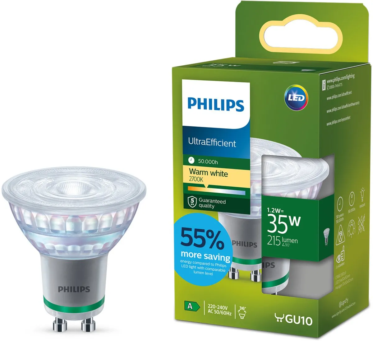 Philips UltraEfficient LED Spot GU10 1.2W Warmwit