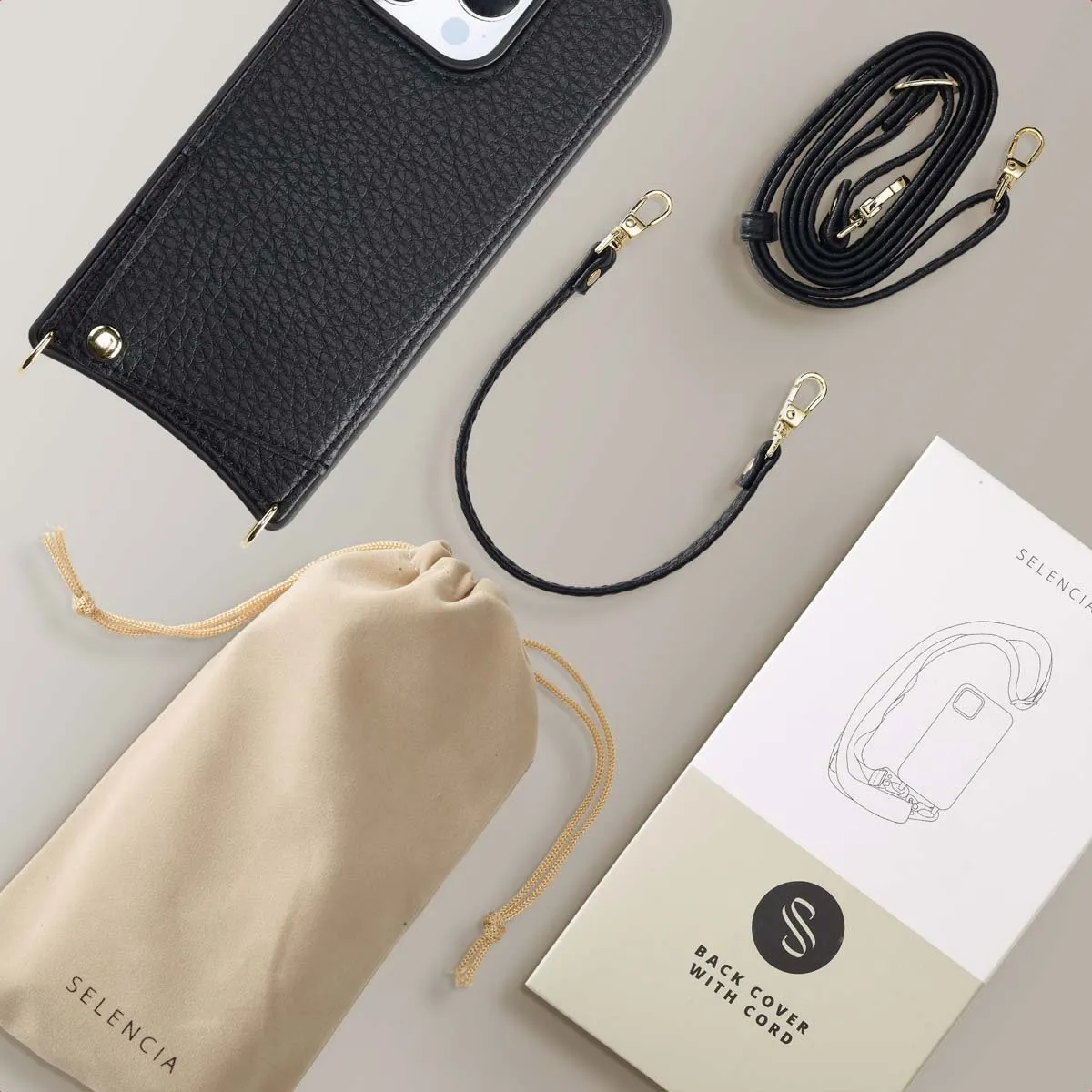 Selencia Hoesje iPhone 16 Pro - Backcover met koord - 2 Pasjes - Zwart - afbeelding 6 van 6